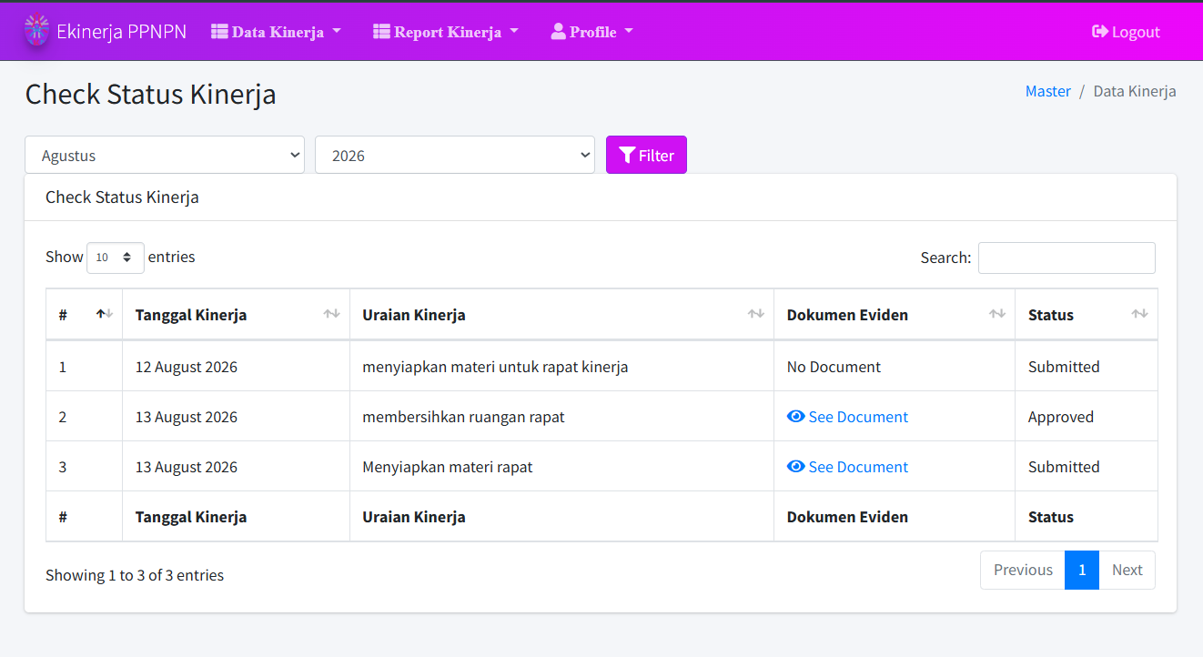 E-kinerja status check screen